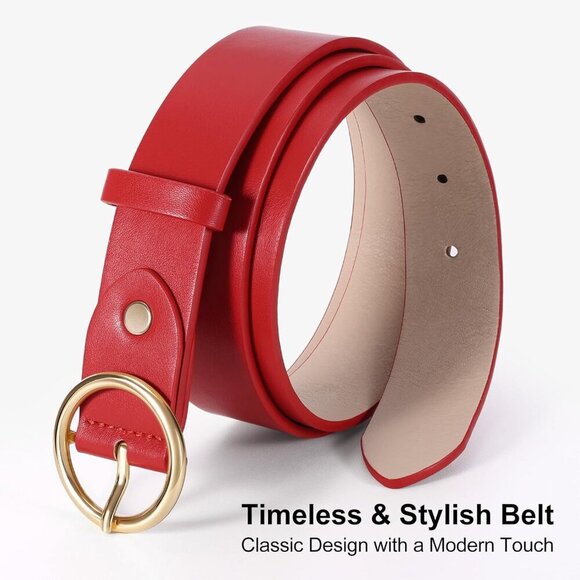 Women Leather Belt with Circle Gold Buckle Fashion Ladies Waist Belt Red Gold main image 5
